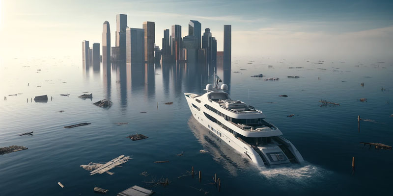 A yacht sails toward an almost entirely submerged city.
