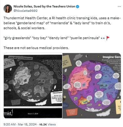 Nicoletta0602: Thundermist Health Center, a RI health clinic transing kids, uses a make-believe "genderland map" of "manlandia" & "lady land" to train dr.'s, schools, & social workers.

"girly grasslands" "boy bay" "dandy land" "puerile peninsula" 👀🚩

These are not serious medical providers.