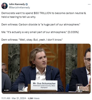 SenJohnKennedy: Democrats want to spend $50 TRILLION to become carbon neutral & held a hearing to tell us why.

Dem witness: Carbon dioxide is "a huge part of our atmosphere."

Me: "It’s actually a very small part of our atmosphere." (0.035%)

Dem witness: "Well, okay. But, yeah. I don’t know."