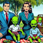 Parents have a picnic with their alien children