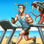 Man jogging on a treadmill while on cell phone threatened by snake