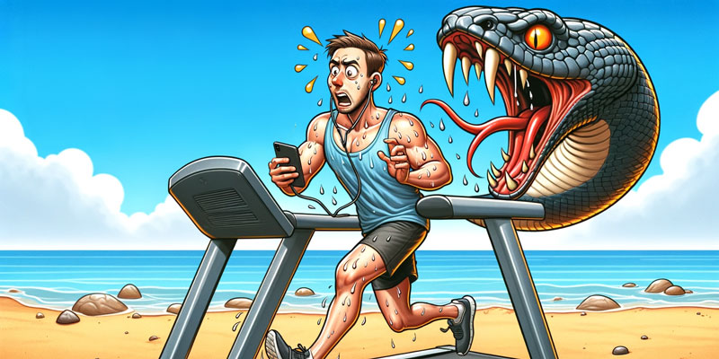 Man jogging on a treadmill while on cell phone threatened by snake