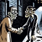 Men shake hands in a dark alley