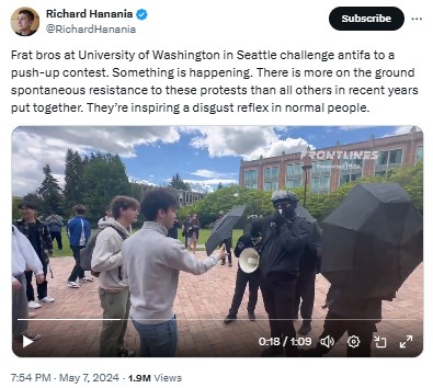 RichardHanania: Frat bros at University of Washington in Seattle challenge antifa to a push-up contest. Something is happening. There is more on the ground spontaneous resistance to these protests than all others in recent years put together. They’re inspiring a disgust reflex in normal people.