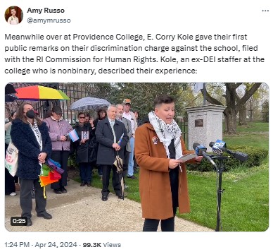 amymrusso: Meanwhile over at Providence College, E. Corry Kole gave their first public remarks on their discrimination charge against the school, filed with the RI Commission for Human Rights. 