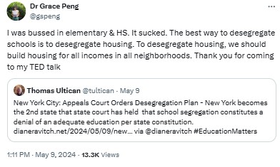 gspeng: I was bussed in elementary & HS. It sucked. The best way to desegregate schools is to desegregate housing. To desegregate housing, we should build housing for all incomes in all neighborhoods. Thank you for coming to my TED talk