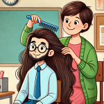 A teacher combs a the long hair of a bearded student in a tie