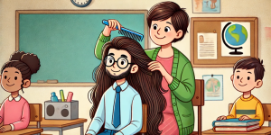 A teacher combs a the long hair of a bearded student in a tie