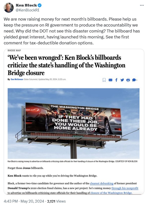 KenBlockRI: We are now raising money for next month's billboards. Please help us keep the pressure on RI government to produce the accountability we need. 