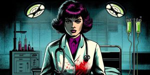 A purple-haired doctor with blood on her shirt