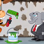 A donkey wants to paint over a moldy basement as a skeptical elephant looks on