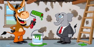 A donkey wants to paint over a moldy basement as a skeptical elephant looks on