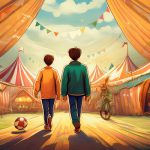 Two boys walk through a surreal circus