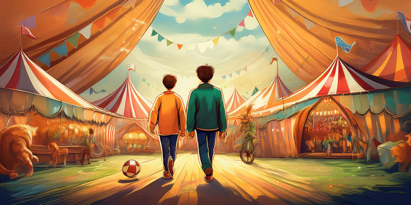 Two boys walk through a surreal circus