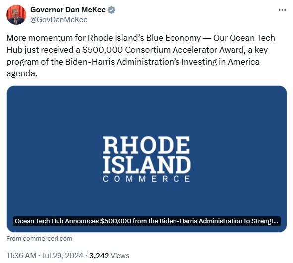 GovDanMcKee: More momentum for Rhode Island’s Blue Economy — Our Ocean Tech Hub just received a $500,000 Consortium Accelerator Award, a key program of the Biden-Harris Administration’s Investing in America agenda.