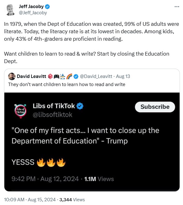 Jeff_Jacoby: In 1979, when the Dept of Education was created, 99% of US adults were literate. Today, the literacy rate is at its lowest in decades. Among kids, only 43% of 4th-graders are proficient in reading.

Want children to learn to read & write? Start by closing the Education Dept.