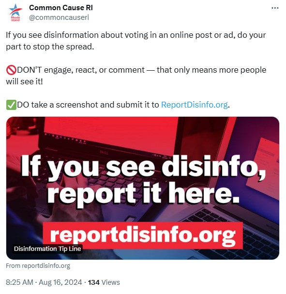 commoncauseri: If you see disinformation about voting in an online post or ad, do your part to stop the spread. 