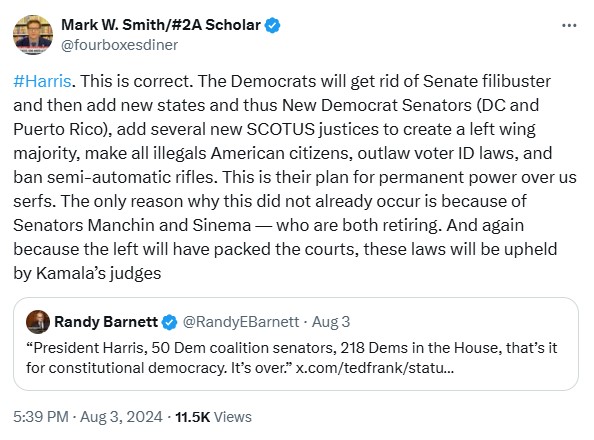 fourboxesdiner: #Harris. This is correct. The Democrats will get rid of Senate filibuster and then add new states and thus New Democrat Senators (DC and Puerto Rico), add several new SCOTUS justices to create a left wing majority, make all illegals American citizens, outlaw voter ID laws, and ban semi-automatic rifles.