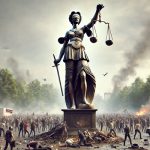 A statue of blindfolded justice over a riot in a public park