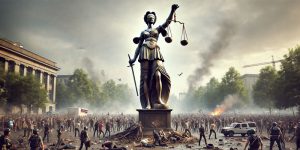 A statue of blindfolded justice over a riot in a public park