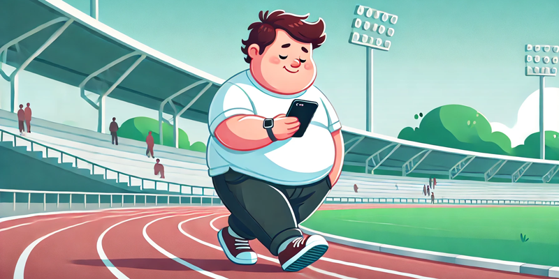 A heavy man races casually without competition