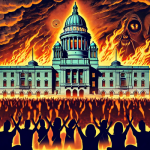 A horde of cult members worships the RI State House as the city burns