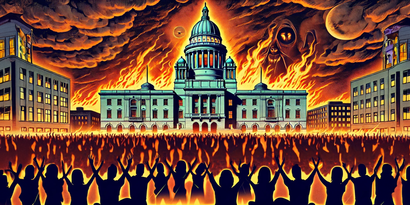 A horde of cult members worships the RI State House as the city burns