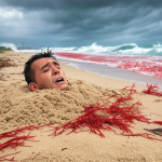 A man buried in sand panics as a red tide comes in