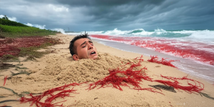 A man buried in sand panics as a red tide comes in