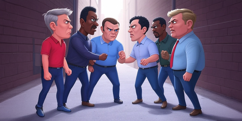 A group of preppy guys prepare to brawl in an alley