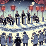 Politicians speak to a freezing audience from a heated stage