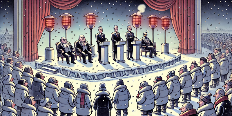 Politicians speak to a freezing audience from a heated stage