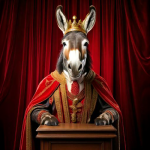 A donkey dressed as a king gives a speech