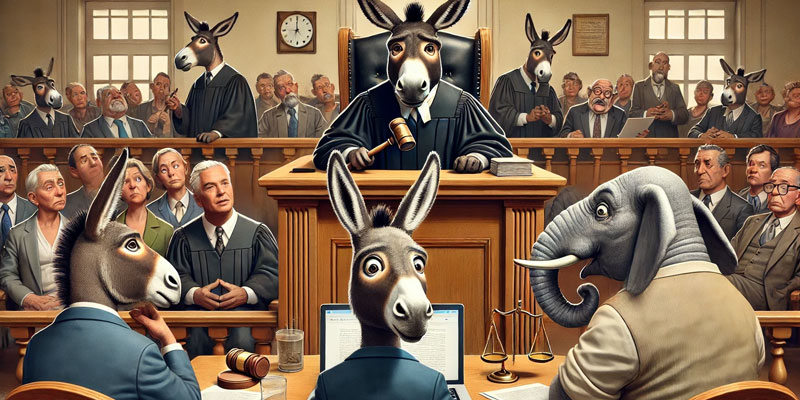 An elephant defendant is shocked in a donkey court