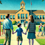 A young family approaches a school with foreboding