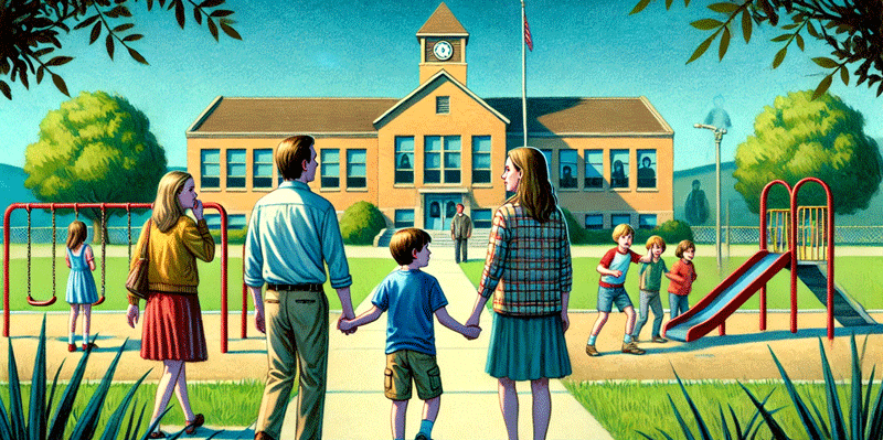 A young family approaches a school with foreboding