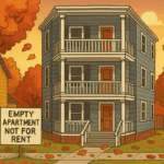 New England triple decker with "Empty Apartment Not for Rent" sign