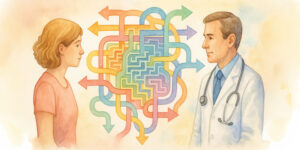 A doctor and patient face each other across a maze of options