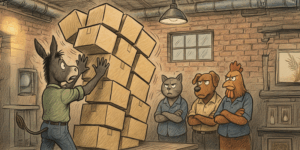 A donkey's pile of boxes falls toward other animals