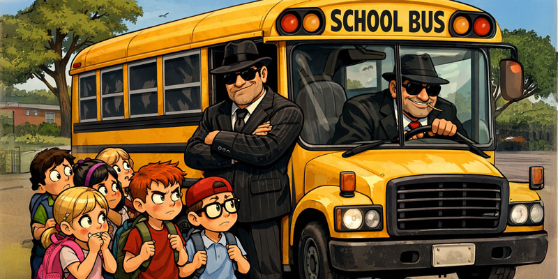 A school bus with mobsters for a driver and monitor
