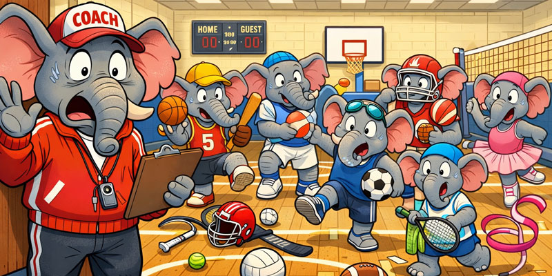 An elephant coach finds his team ready to play a variety of sports