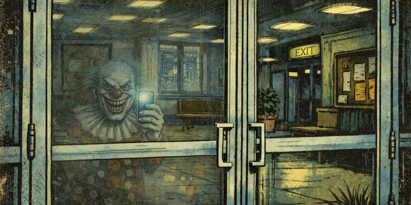 An evil clown takes a picture through the glass door of an office building