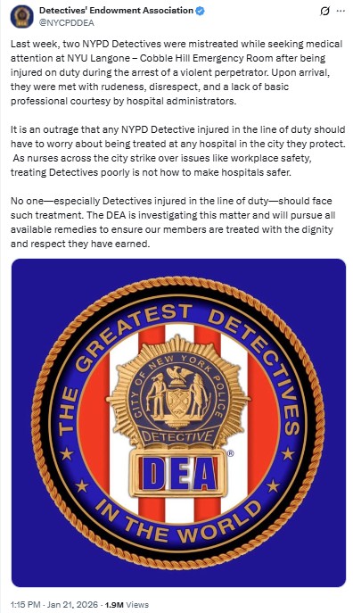 NYCPDDEA: Last week, two NYPD Detectives were mistreated while seeking medical attention at NYU Langone – Cobble Hill Emergency Room after being injured on duty during the arrest of a violent perpetrator.