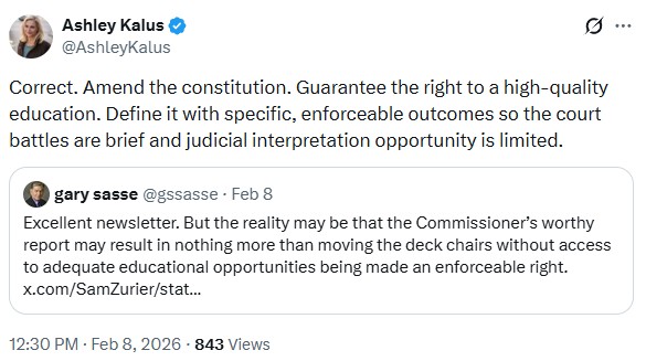 AshleyKalus: Correct. Amend the constitution. Guarantee the right to a high-quality education. Define it with specific, enforceable outcomes so the court battles are brief and judicial interpretation opportunity is limited.