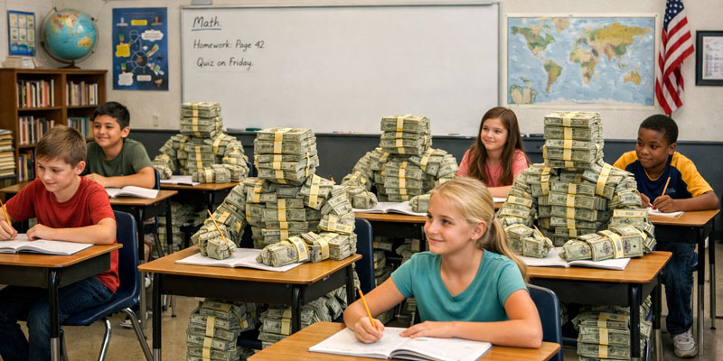 A classroom in which half the students are made of cash
