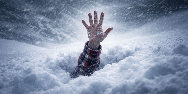 An arm with a flannel shirt reaches out of the snow