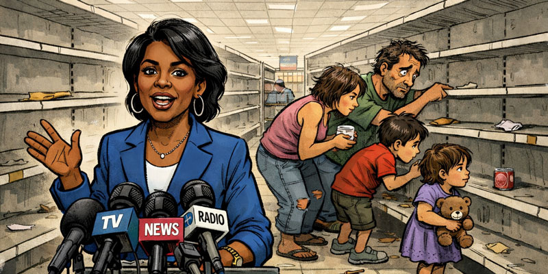 A politician holds a press conference in an empty grocery store