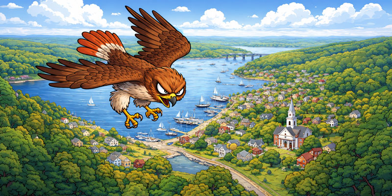 A sinister hawk eyes a waterfront village