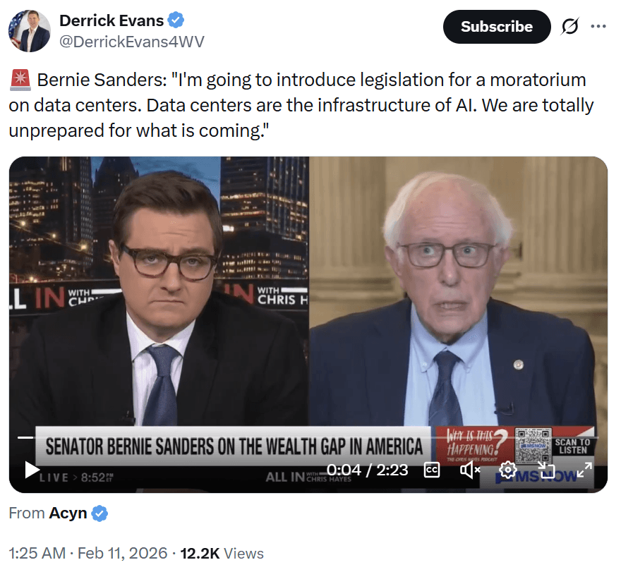 DerrickEvans4WV: Bernie Sanders: "I'm going to introduce legislation for a moratorium on data centers. Data centers are the infrastructure of AI. We are totally unprepared for what is coming."
