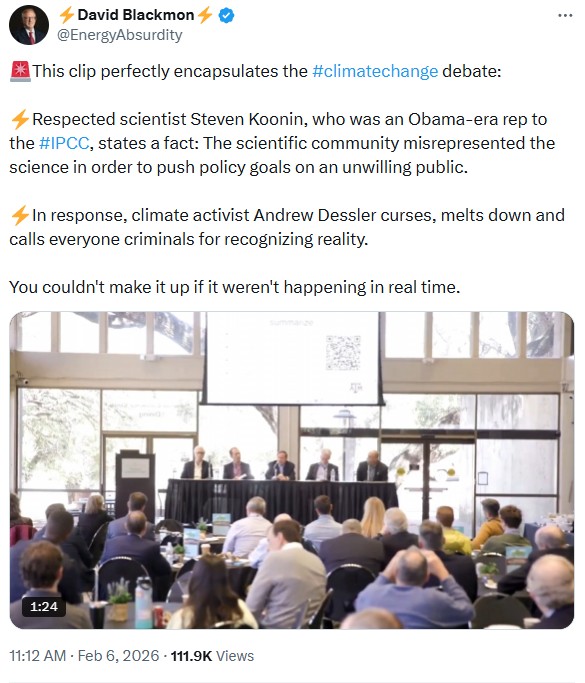 EnergyAbsurdity: This clip perfectly encapsulates the #climatechange debate:
⚡️Respected scientist Steven Koonin, who was an Obama-era rep to the #IPCC, states a fact: The scientific community misrepresented the science in order to push policy goals on an unwilling public.
⚡️In response, climate activist Andrew Dessler curses, melts down and calls everyone criminals for recognizing reality.
You couldn't make it up if it weren't happening in real time.